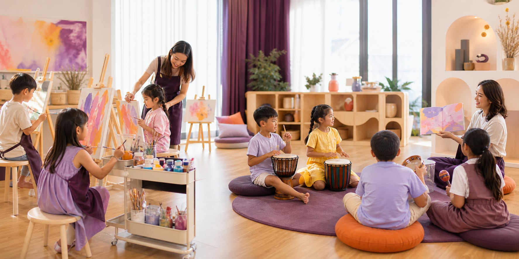 Children rotating between painting, rhythm and storytelling activities in a bright studio