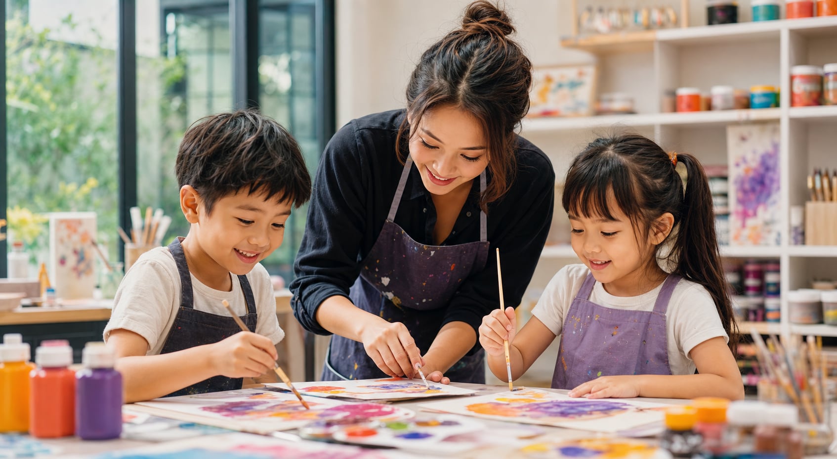 Children painting in a bright art studio with a supportive teacher