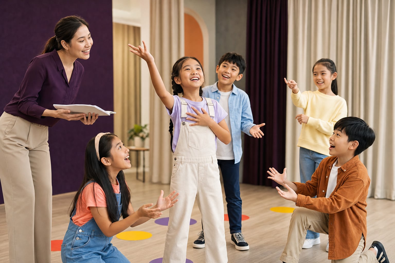 Children rehearsing drama and speech with an encouraging teacher