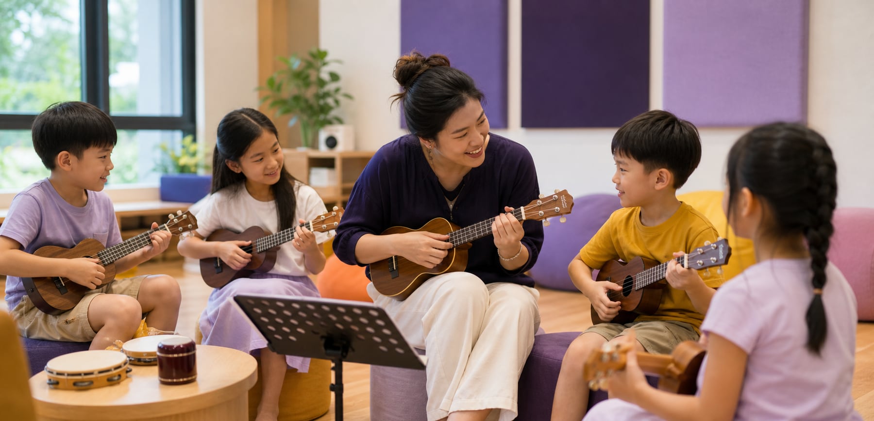 Children learning ukulele in a small music class