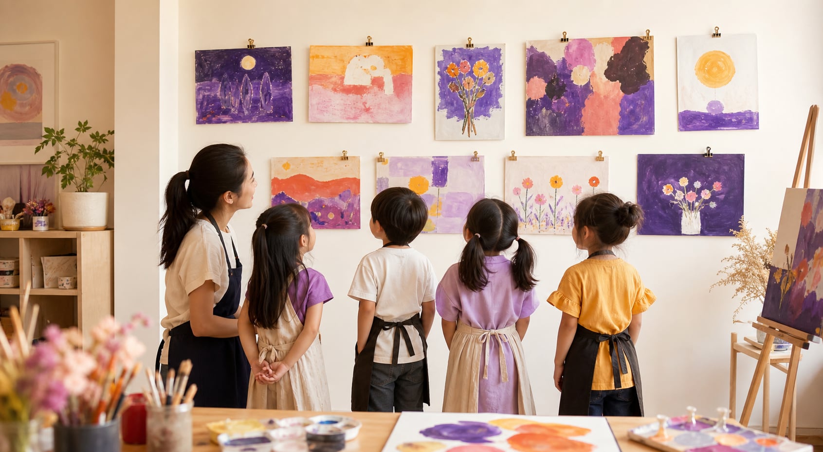 Children and teacher viewing student artwork on a studio gallery wall